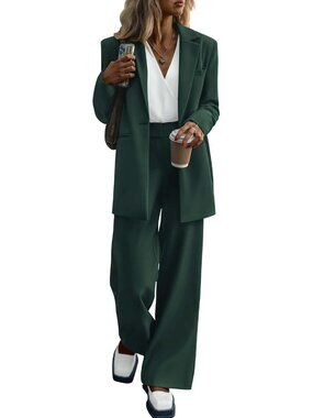Women's Dark Green Polyester Blend Casual Loose Long Wide Leg 2 Piece Blazer Set